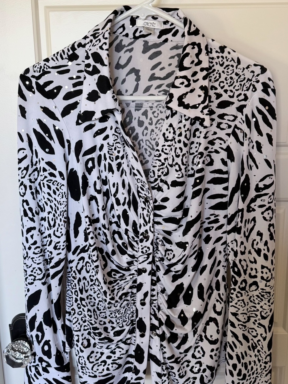 Cache Black & White Animal Print Ruched Button-Front Top with Rhinestones Large